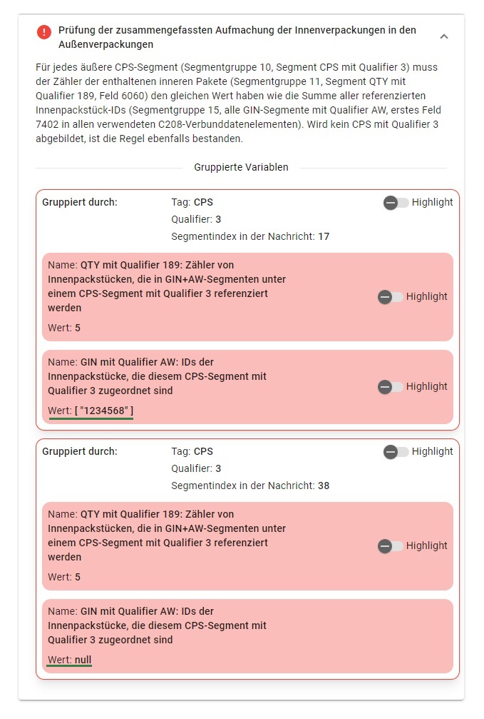 Die Regeln können nun darstellen, ob Segmente fehlen oder fehlerhaft sind.